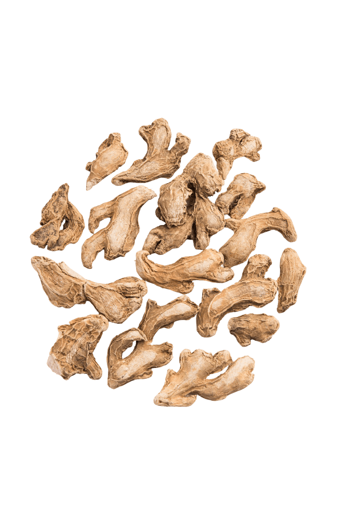 Dried split ginger pieces arranged in export-ready quality